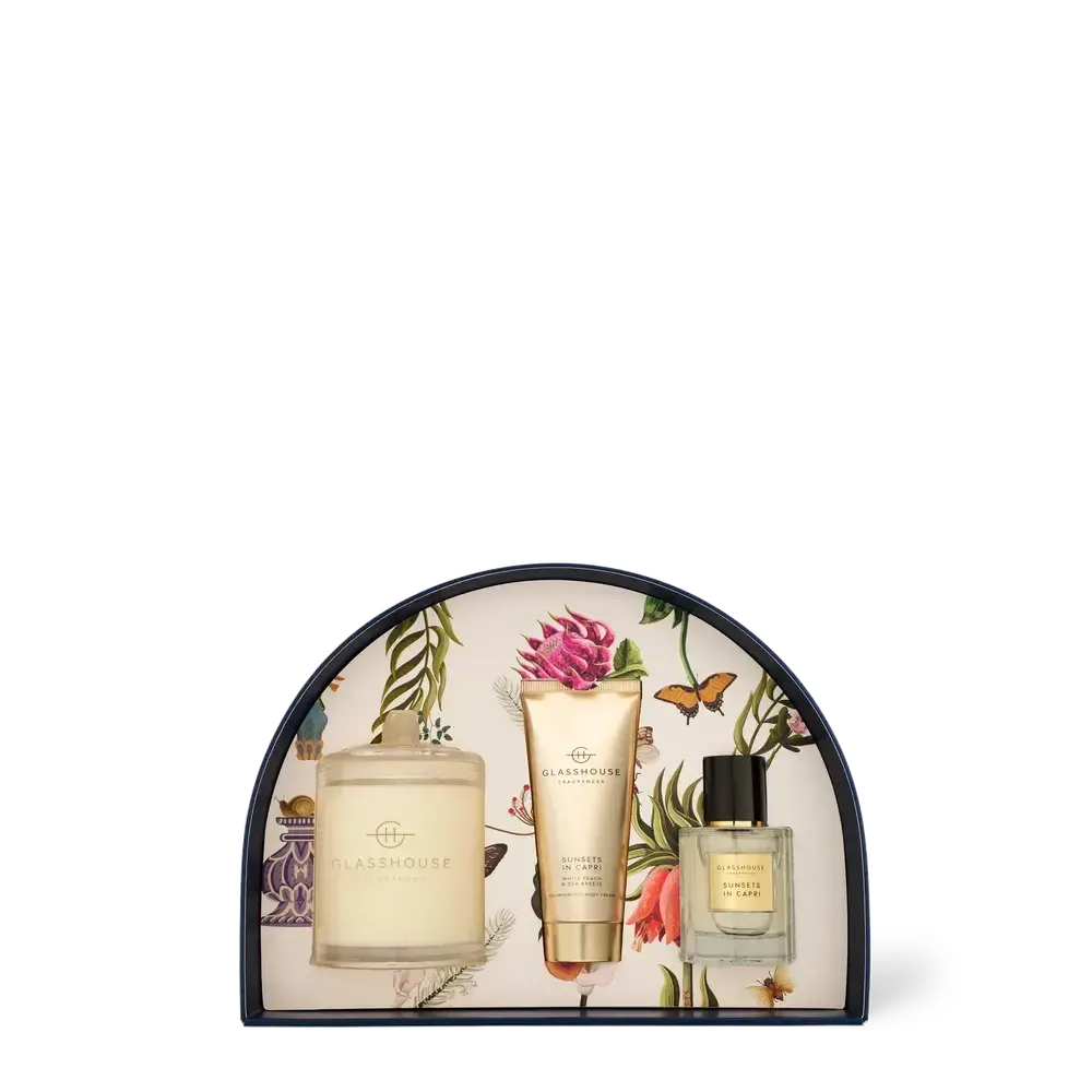 Limited Edition Mother's Day Sunsets In Capri Candle, Parfum & Body Cream Gift Set by Glasshouse Fragrances-Candles2go