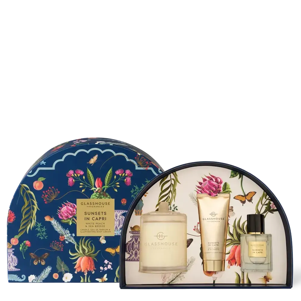 Limited Edition Mother's Day Sunsets In Capri Candle, Parfum & Body Cream Gift Set by Glasshouse Fragrances-Candles2go