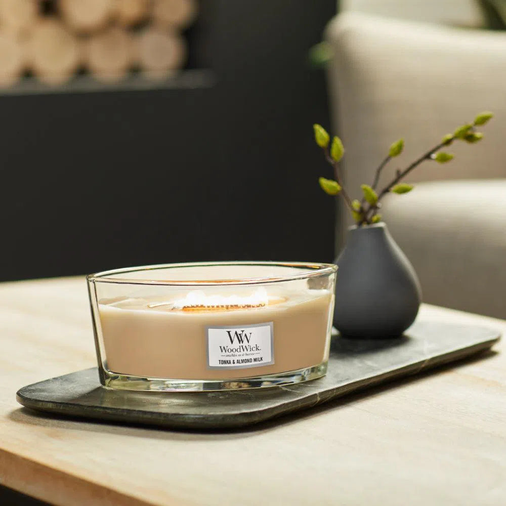 Tonka & Almond Milk Ellipse 453g Candle by Woodwick-Candles2go